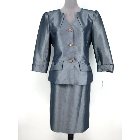 Nicolette Skirt Suit Womens 12 Gray Blue Shimmer Lined Buttons Formal Mob New